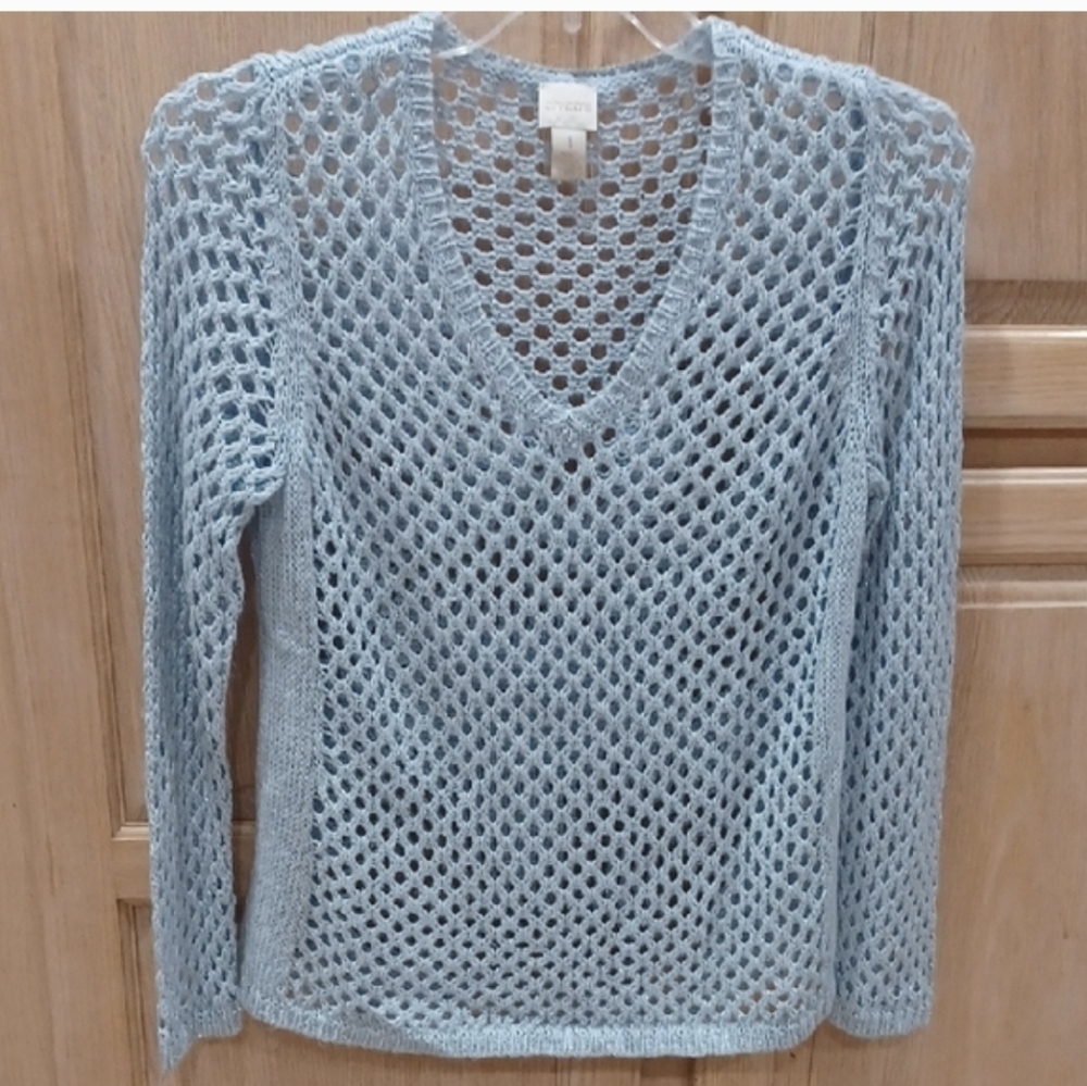 Chico's Blue Open-Knit V-Neck Sweater